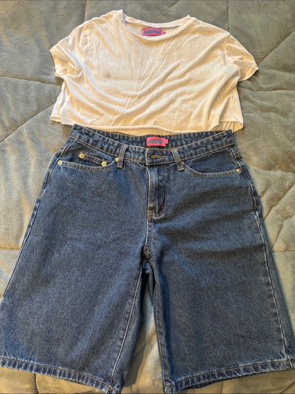Edikted Dark Blue Denim Jean Shorts with Pink Logo Tab